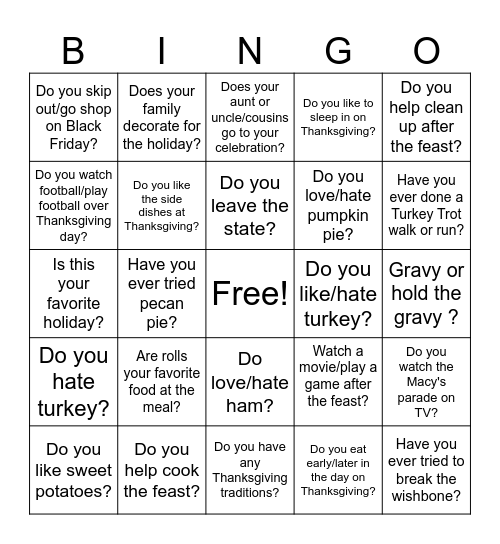 Thanksgiving Conversation Bingo Card