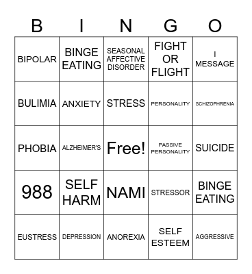 Unit 4 Mental Health Test Review Bingo Card
