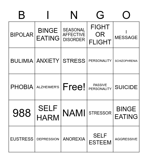 Unit 4 Mental Health Test Review Bingo Card