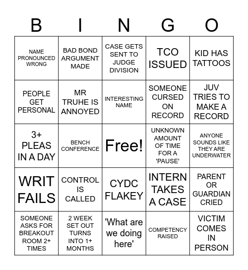 Juvenile Delinquency Bingo Card