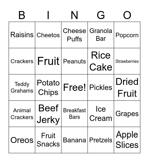 My FAV Snacks Bingo Card