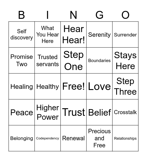 OPEN HEARTS CODA RECOVERY Bingo Card