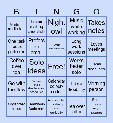 Workstyle Bingo Card