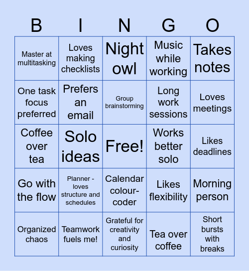 Workstyle Bingo Card