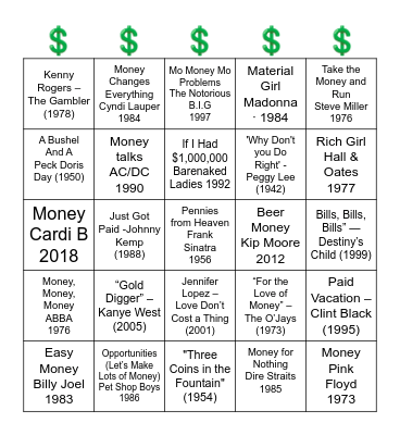 SONGS ABOUT MONEY Bingo Card