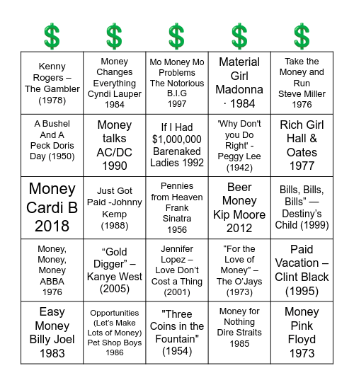 SONGS ABOUT MONEY Bingo Card