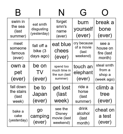 Present perfect Vs. Past simple Bingo Card