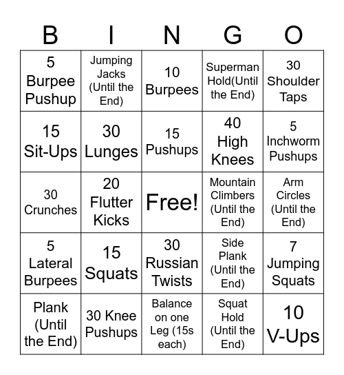 Fitness Bingo Card