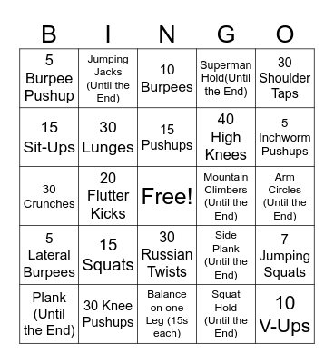 Fitness Bingo Card