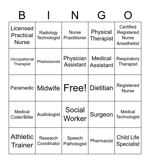 Healthcare Careers Bingo Card