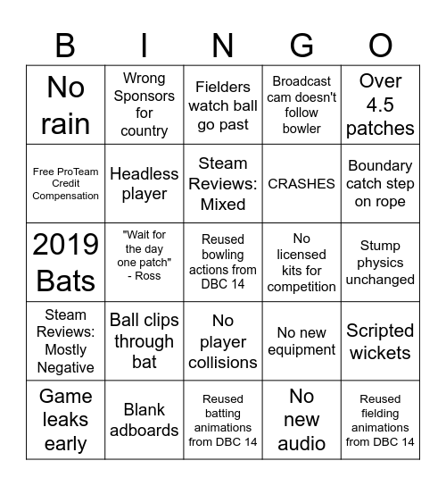 Cricket 26 Launch Bingo Card