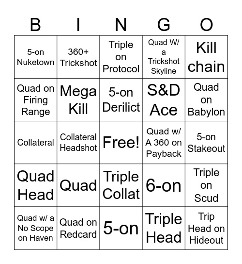 Sniping Bingo Card