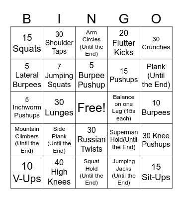 Fitness Bingo Card