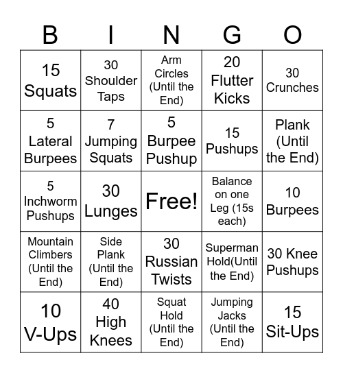 Fitness Bingo Card