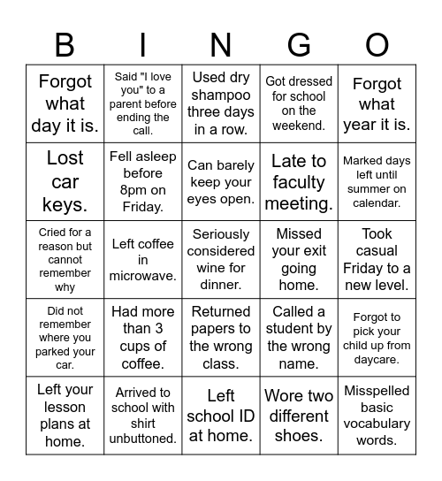 Tired Teacher Bingo Card