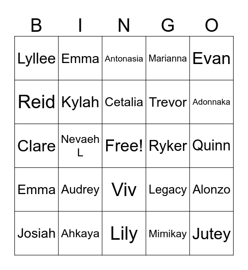 Student Bingo Card