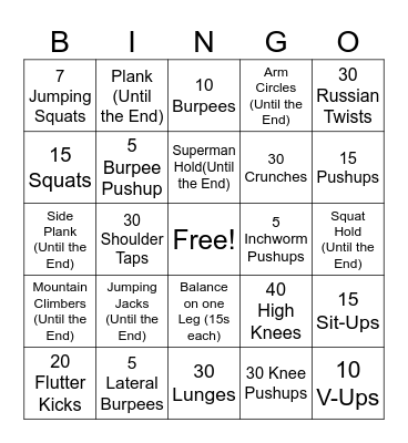 Fitness Bingo Card