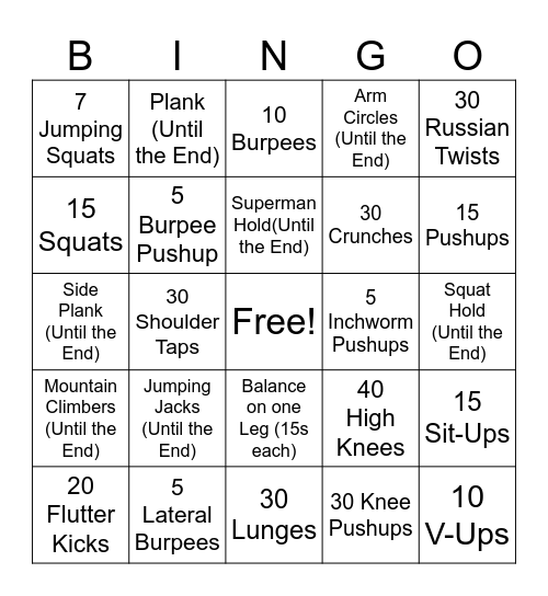 Fitness Bingo Card