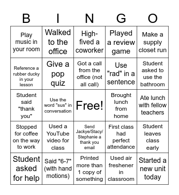 Secret Teacher Bingo Card