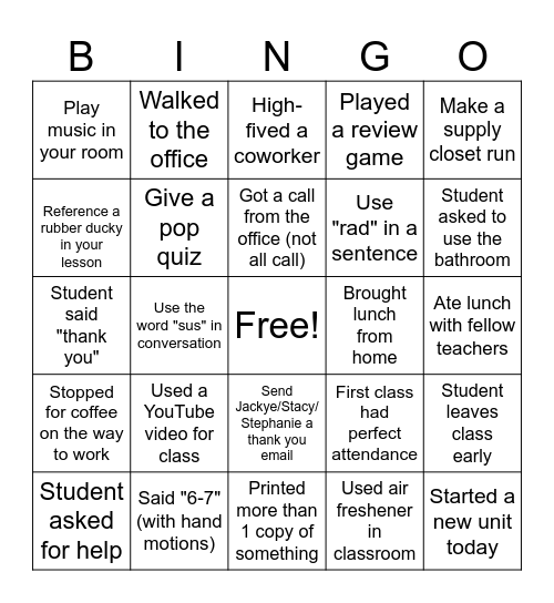 Secret Teacher Bingo Card