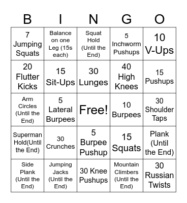 Fitness Bingo Card