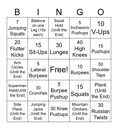Fitness Bingo Card
