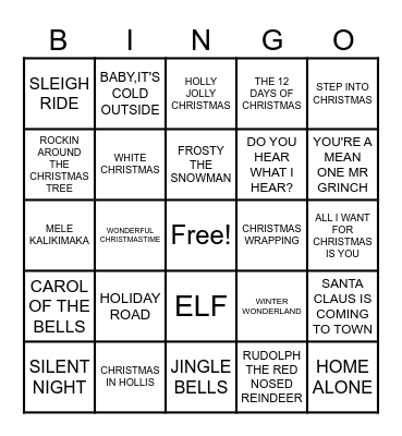 CHRISTMAS SONG BINGO Card