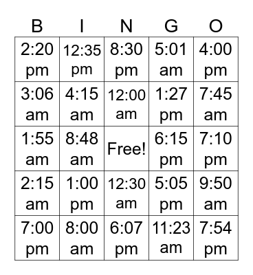 Time Bingo Card