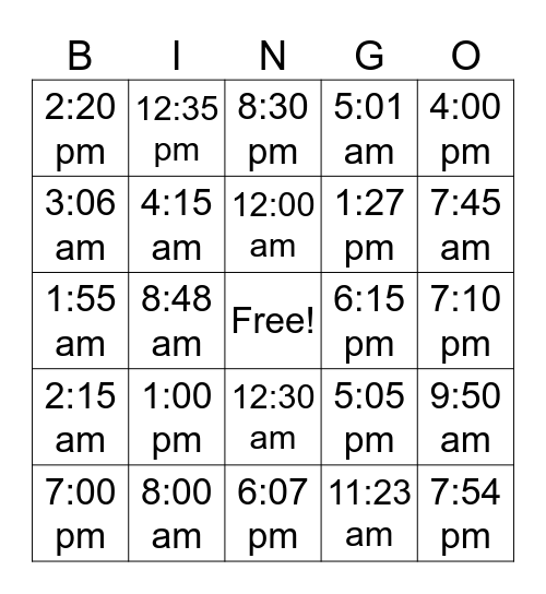 Time Bingo Card