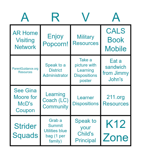 Parent Night @ the Hub Bingo Card