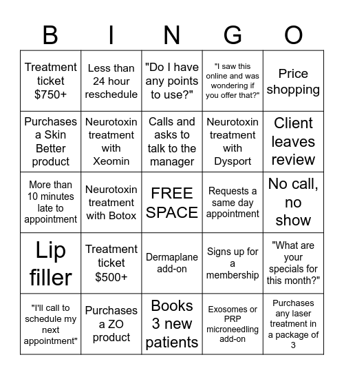 MedSpa Bingo Card