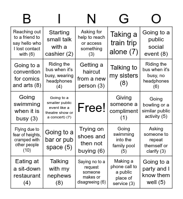 Anxiety Exercise Bingo Card