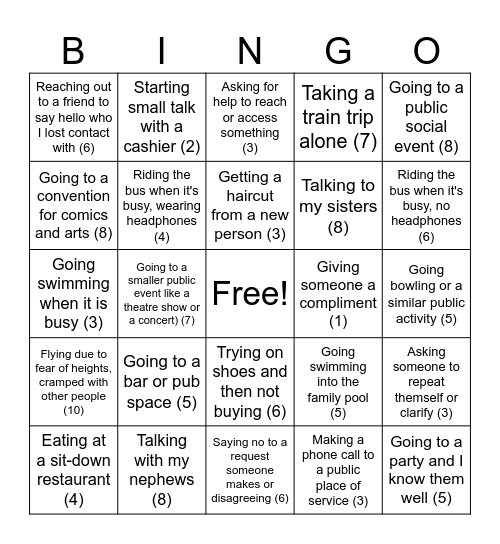 Anxiety Exercise Bingo Card