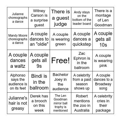 DWTS Bingo Card