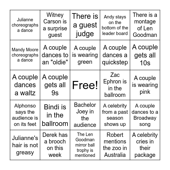 DWTS Bingo Card