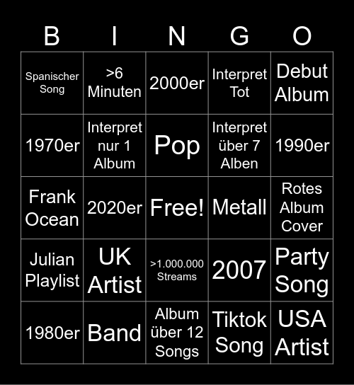 Music Bingo Card