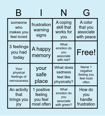 DBT Emotion Bingo Card