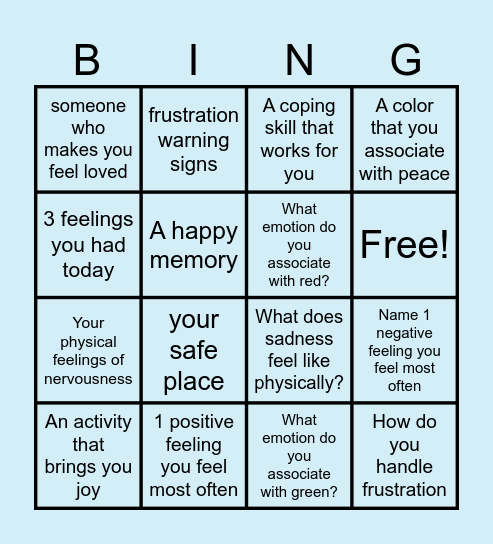 DBT Emotion Bingo Card