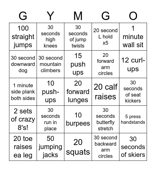 Gymnastics workout Bingo Card