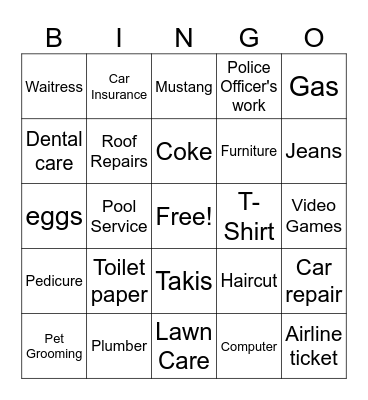 Goods and Services Bingo Card
