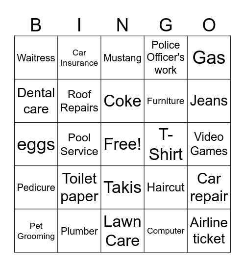 Goods and Services Bingo Card