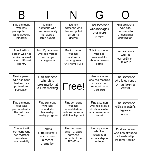 Career Advancement Bingo Card