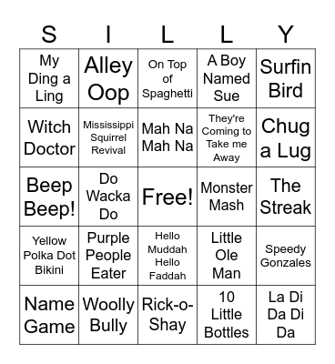 Silly Songs Bingo Card