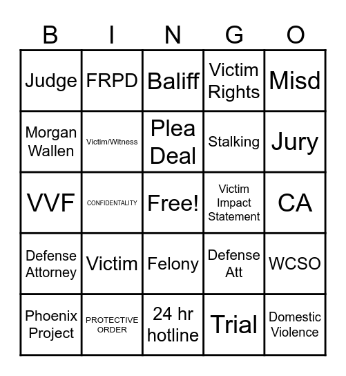 Victim Services Bingo Card