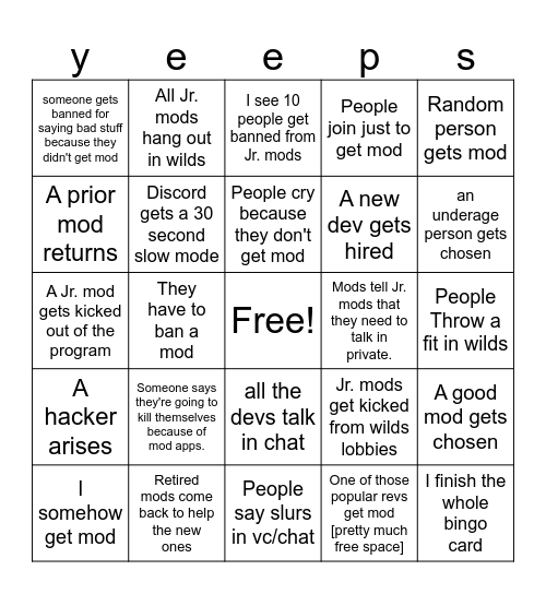 yeeps mod apps Bingo Card