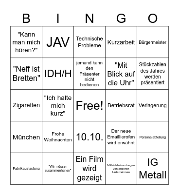 Betriebsversammlung Bingo Card