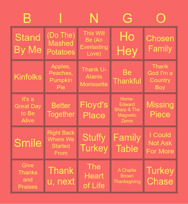 THANKSGIVING SONGS Bingo Card