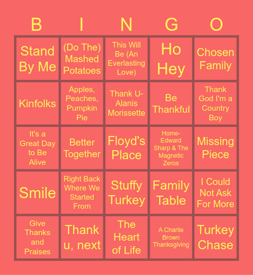 THANKSGIVING SONGS Bingo Card