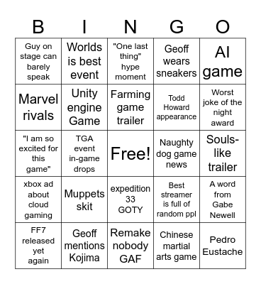 Game Awards 2025 Bingo Card