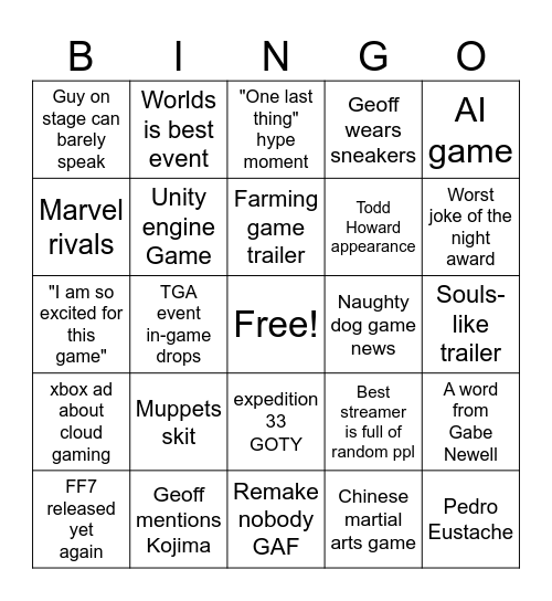 Game Awards 2025 Bingo Card